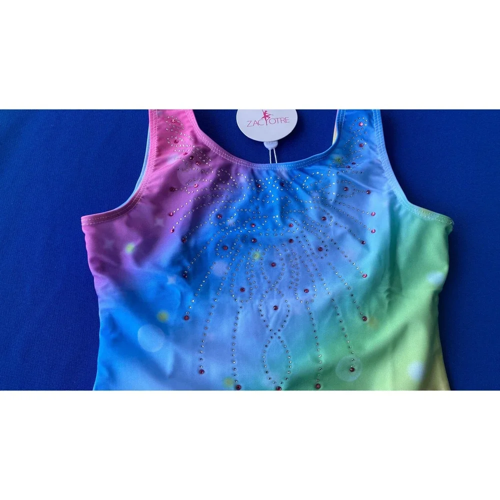 Zaclotre Girls Rainbow Ombre Rhinestone Dance Leotard Size 150 New With Tags